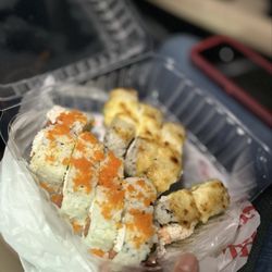 Roll 7: Crab Mix, Spicy Tuna, Shrimp Tempura, Avocado Masago & Roll 9