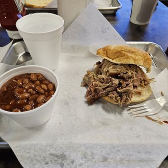 J's Var-B-Q - These beans are bush's beans doctored up. This is their pulled pork sandwich. - Barbeque Near Me - Albuquerque, New Mexico
