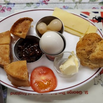 Oliver's Tea Room - Ploughman's Lunch - Melton Mowbray Pork Pie, hard-boiled egg, English cheese, pickled onions, Branston pickle and savoury scone - Tea Rooms Near Me - Chilliwack, British Columbia