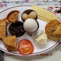 Oliver's Tea Room - Ploughman's Lunch - Melton Mowbray Pork Pie, hard-boiled egg, English cheese, pickled onions, Branston pickle and savoury scone