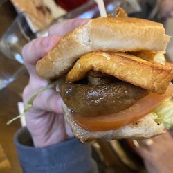 Meimo - Burger: Veggie-flat mushroom, grilled tomato, and halloumi