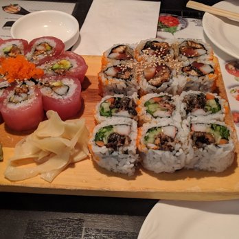 Sushi Monster - Top left to bottom right: Tif Bow, Sea's Candy, and Salmon Skin roll. - Sushi Bars Near Me - Belmont, California Sushi Monster - Top left to bottom right: Tif Bow, Sea's Candy, and Salmon Skin roll. - Sushi Bars Near Me - Belmont, California