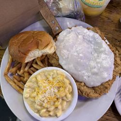 Lucy's on the Square - Chicken Fried Steak w/ Gravy with Mac & Cheese and Fries
