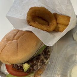 Avocado Burger and Onion Rings