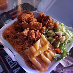 Corner Pocket - Crispy Salmon bites w/ rice&beans, mac&cheese, and salad