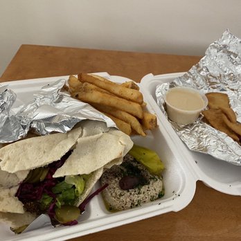 Odeh’s Mediterranean Kitchen - Falafel on Pita with Baba Ganoush with Pita Bread and French fries - Mediterranean Near Me - High Point, North Carolina