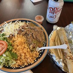 Cristal Bakery - Chili verde, rice salad, cheese on fresh beans. Tortillas, soda and salsa