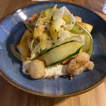 Torafuku - SUMMER SQUASH zucchini salad, preserved lemon vinaigrette, zucchini tempura, house whipped lemon ricotta - Asian Fusion Near Me - Vancouver, British Columbia