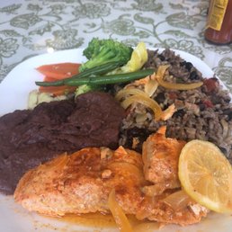 Salmon with rice and beans and veggies