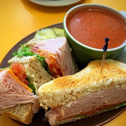 Pastrami and Things - Turkey club sandwich and cream of tomato soup.