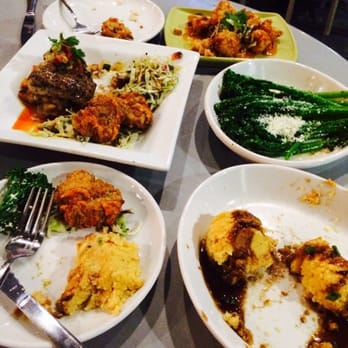Babalu - Middle L: Pan Roasted Redfish + 2 Lump Crab Cakes & Slaw; Top R: Fierce Shrimp; Mid R: Broccolini; Bottom R: Cheese Grits. Yum!! - Tapas/Small Plates Near Me - Memphis, Tennessee