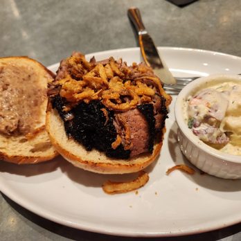 Salt + Smoke - Brisket sandwich and potato salad - Bars Near Me - Saint Louis, Missouri Salt + Smoke - Brisket sandwich and potato salad - Bars Near Me - Saint Louis, Missouri