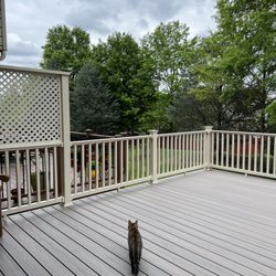 Community Deck and Fence - Composite deck with 6ft privacy walls. Trex rocky harbor color, almond railings.