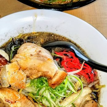 GONZO!  - Top: Gonzo Red - spicy chili oil over miso ramen  Bottom: Gonzo Black - black garlic oil over tonkatsu ramen - Ramen Near Me - Carlsbad, California