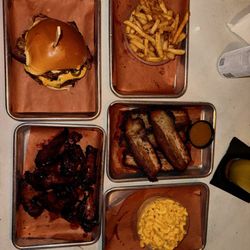 Apocalypse BBQ - Smokafried Wings, Mac and Cheese, Brisket Bacon, Fries and Wild Boar Burger.