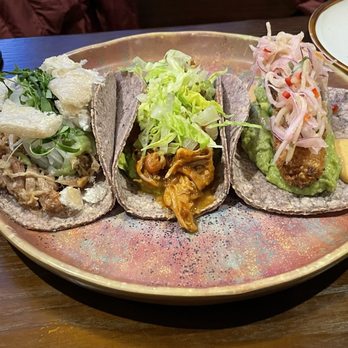 Oro by Nixta - Tacos (L to R): pork carnitas, chicken tinga, pescado (they use mahi) - Mexican Near Me - Minneapolis, Minnesota Oro by Nixta - Tacos (L to R): pork carnitas, chicken tinga, pescado (they use mahi) - Mexican Near Me - Minneapolis, Minnesota