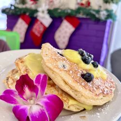The Breakfast House - Lavendar Stuffed Blueberry Pancakes- 3 fluffy pancakes, blueberries, lemon, ricotta, lavender filling