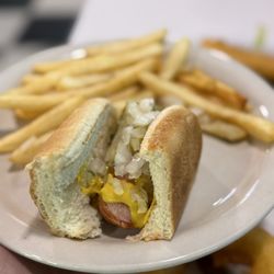 Richie's Real American Diner - Hot dog and fries cut in half