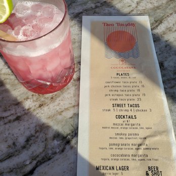 Cococabana - Pomegranate margarita and Taco Tuesday menu (note the pricing) - Bars Near Me - Oceanside, California
