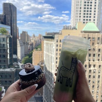 Bibble & Sip - Samoas Tart and matcha strawberry latte. View from my balcony - Coffee & Tea Near Me - New York, New York Bibble & Sip - Samoas Tart and matcha strawberry latte. View from my balcony - Coffee & Tea Near Me - New York, New York