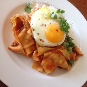 Ask For Luigi - pappardelle alla bolognese & fried egg - Italian Near Me - Vancouver, British Columbia