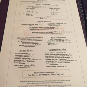 Hideaway Steakhouse - Steak menu! - Steakhouses Near Me - Westminster, Colorado