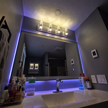RM Electrician - Detailed finish work on LED mirror and lighting system for a custom bathroom upgrade - Electricians Near Me - Northborough, Massachusetts RM Electrician - Detailed finish work on LED mirror and lighting system for a custom bathroom upgrade - Electricians Near Me - Northborough, Massachusetts