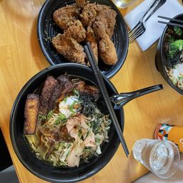 Pork shoyu broth, pork belly, bok choy/green cabbage, charred onion glaze ramen + Petaluma fried chicken Pork shoyu broth, pork belly, bok choy/green cabbage, charred onion glaze ramen + Petaluma fried chicken