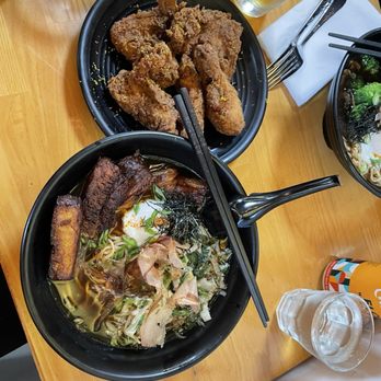 Origami Asian Grill - Pork shoyu broth, pork belly, bok choy/green cabbage, charred onion glaze ramen + Petaluma fried chicken - Asian Fusion Near Me - Sacramento, California Origami Asian Grill - Pork shoyu broth, pork belly, bok choy/green cabbage, charred onion glaze ramen + Petaluma fried chicken - Asian Fusion Near Me - Sacramento, California