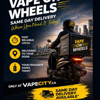 VapeCity - Vape On Wheels flyer with delivery information on a black background. - Vape Shops Near Me - St. John's, Newfoundland and Labrador VapeCity - Vape On Wheels flyer with delivery information on a black background. - Vape Shops Near Me - St. John's, Newfoundland and Labrador