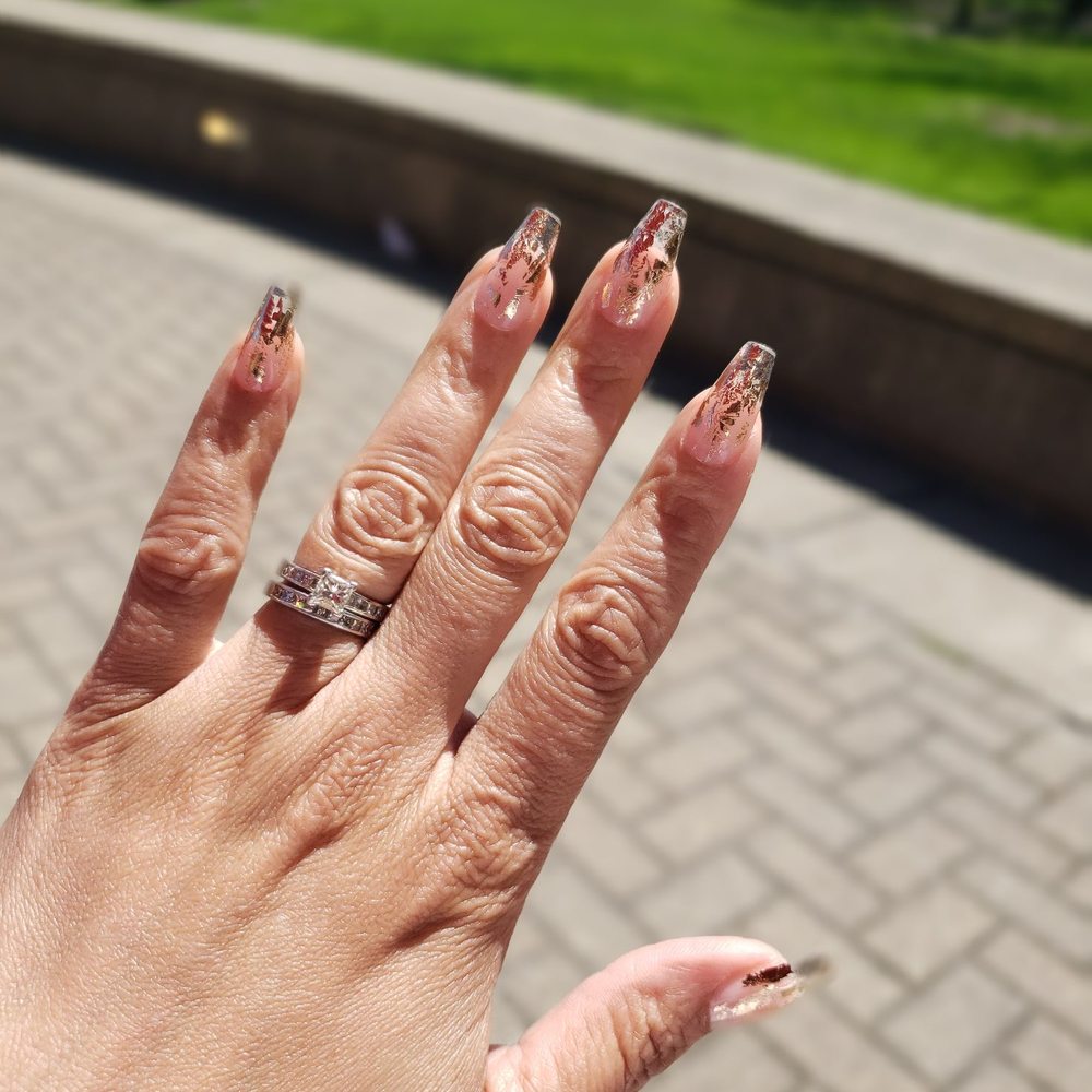 Luxuri Nails - Gel-X nails with gold (rose) foil - Nail Salons Near Me - Chicago, Illinois Luxuri Nails - Gel-X nails with gold (rose) foil - Nail Salons Near Me - Chicago, Illinois