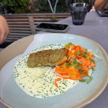 Openaire - poached market fish (halibut) - New American Near Me - Los Angeles, California