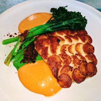 Spoon and Stable - Alaskan Halibut - potato crust, charred broccolini, chorizo sabayon - New American Near Me - Minneapolis, Minnesota