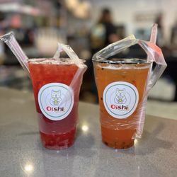 Sizzlin’ Place - Mango Strawberry Iced Black Tea w/ Lychee Jelly and Cold Brew Passion Fruit Iced Green Tea w/ Strawberry Popping Boba