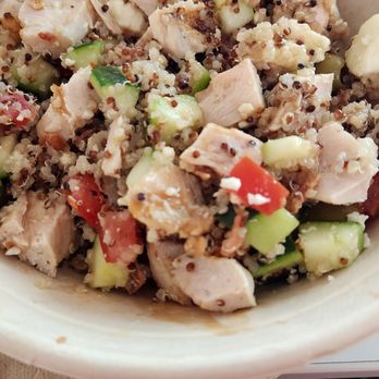 Cafe Nine - Mmm. Quinoa, grilled chicken, olives, tomato, cucumber,feta, bacon bits  with a balsamic dressing. It was delicious. - Cafes Near Me - Westborough, Massachusetts