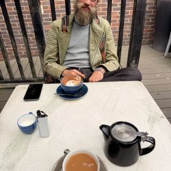 Trading Post Coffee Roasters - Eliot enjoying his post-meal mocha