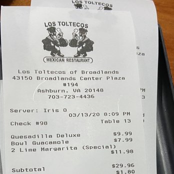 Los Toltecos Bar & Grill - the receipt for the restaurant - Bars Near Me - Ashburn, Virginia Los Toltecos Bar & Grill - the receipt for the restaurant - Bars Near Me - Ashburn, Virginia