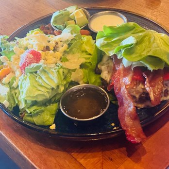Eureka! - Lettuce wrapped Bison burger and side salad. - American Near Me - Fresno, California Eureka! - Lettuce wrapped Bison burger and side salad. - American Near Me - Fresno, California