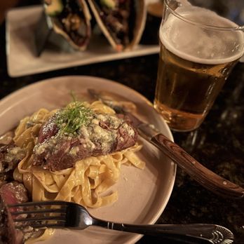 Prohibition - Hammer and Saws elk loin with Gorgonzola mushroom Alfredo! - Cocktail Bars Near Me - Murray, Utah
