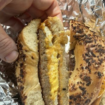 Boulevard Bagel - Sausage, egg, and cheese on onion bagel - Bagels Near Me - Sugar Land, Texas Boulevard Bagel - Sausage, egg, and cheese on onion bagel - Bagels Near Me - Sugar Land, Texas