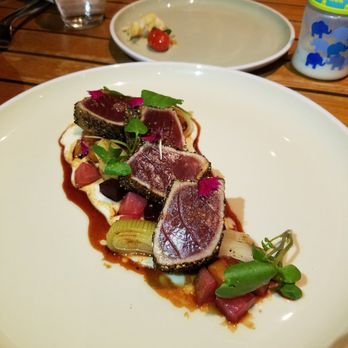 Ka'ana Kitchen - Bigeye Ahi. Cauliflower, smoked beets, peppercorn. A little to peppery for me, but fresh and dipped in that cauliflower sauce.. yum!!! - Asian Fusion Near Me - Wailea, Hawaii