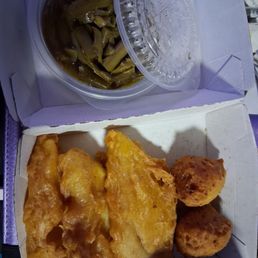 Green beans, hush puppies, and 3 pieces of fish. Green beans, hush puppies, and 3 pieces of fish.
