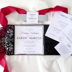 221 Creations - Black laser cut pocket with white shimmer wedding invite backed in shimmer paper.
