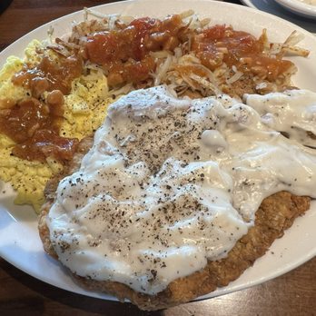 Sadie’s Cafe - Chicken fried steak, eggs, hash browns and chili sauce - American Near Me - Pine Bluffs, Wyoming