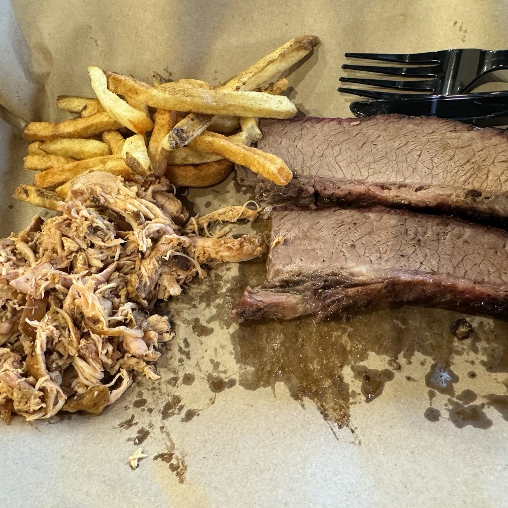 Beef brisket, pulled chicken, and fries! Beef brisket, pulled chicken, and fries!
