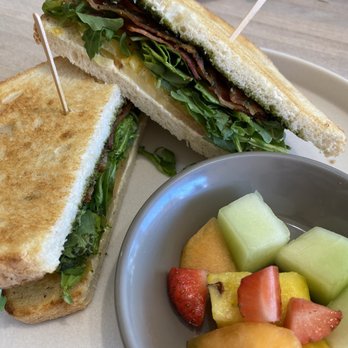 Drift Cafe - Blt $12 Toasted sourdough, walnut pesto, applewood smoked bacon, arugula, & heirloom tomato. Served with fresh fruit. - Coffee & Tea Near Me - Pacific Beach, California