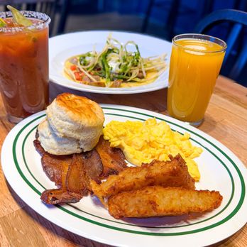 Big Bad Breakfast - Mobile - Breakfast Plate with hash cakes, scrambled eggs, bacon and a biscuit - Breakfast & Brunch Near Me - Mobile, Alabama