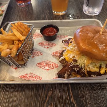 Downtown Flavortown - Bacon Mac-N-Cheese Burger with Fries - Arcades Near Me - Pigeon Forge, Tennessee Downtown Flavortown - Bacon Mac-N-Cheese Burger with Fries - Arcades Near Me - Pigeon Forge, Tennessee