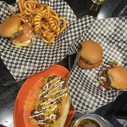 Sliders (pulled pork, Buffalo chicken, cheese burger) & chili cheese dog