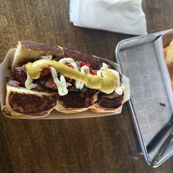 Dog Haus - Bacon Hot dog with grilled onions and peppers - Burgers Near Me - Northridge, California Dog Haus - Bacon Hot dog with grilled onions and peppers - Burgers Near Me - Northridge, California